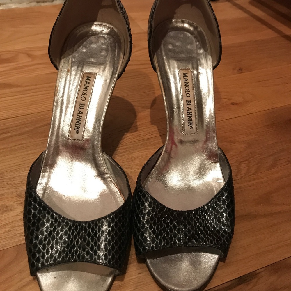 Manolo Blahnik snakeskin peep toe pumps